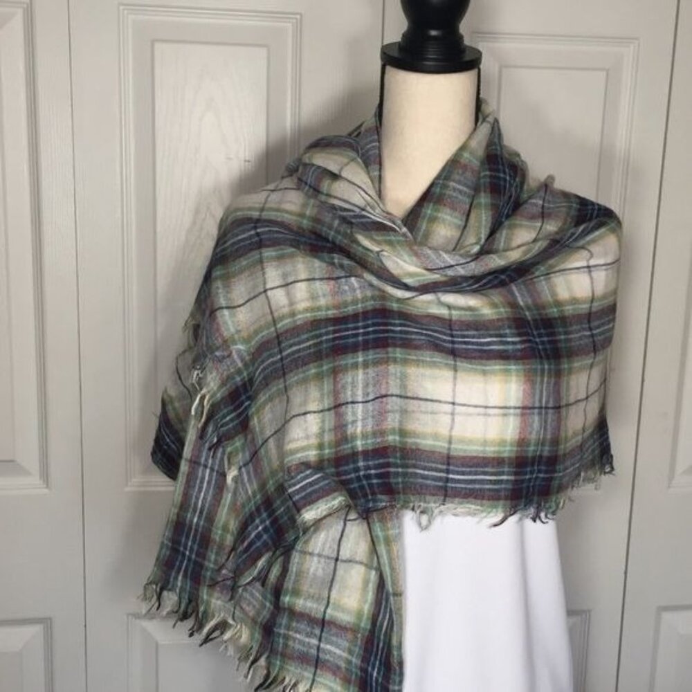 Vintage Multicolor Plaid Fringed Lightweight Scarf/Shawl 57" X 57" For Women